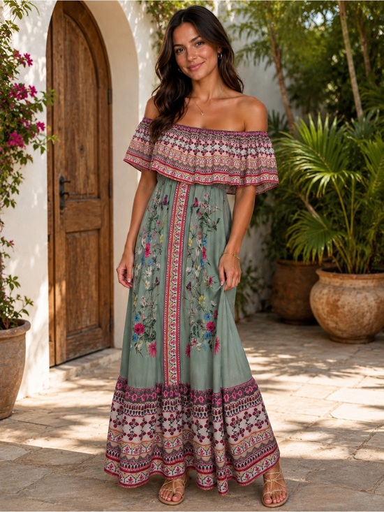Umgee Dresses & Skirts - Umgee Off-the-Shoulder Boho Maxi Dress | Size Small